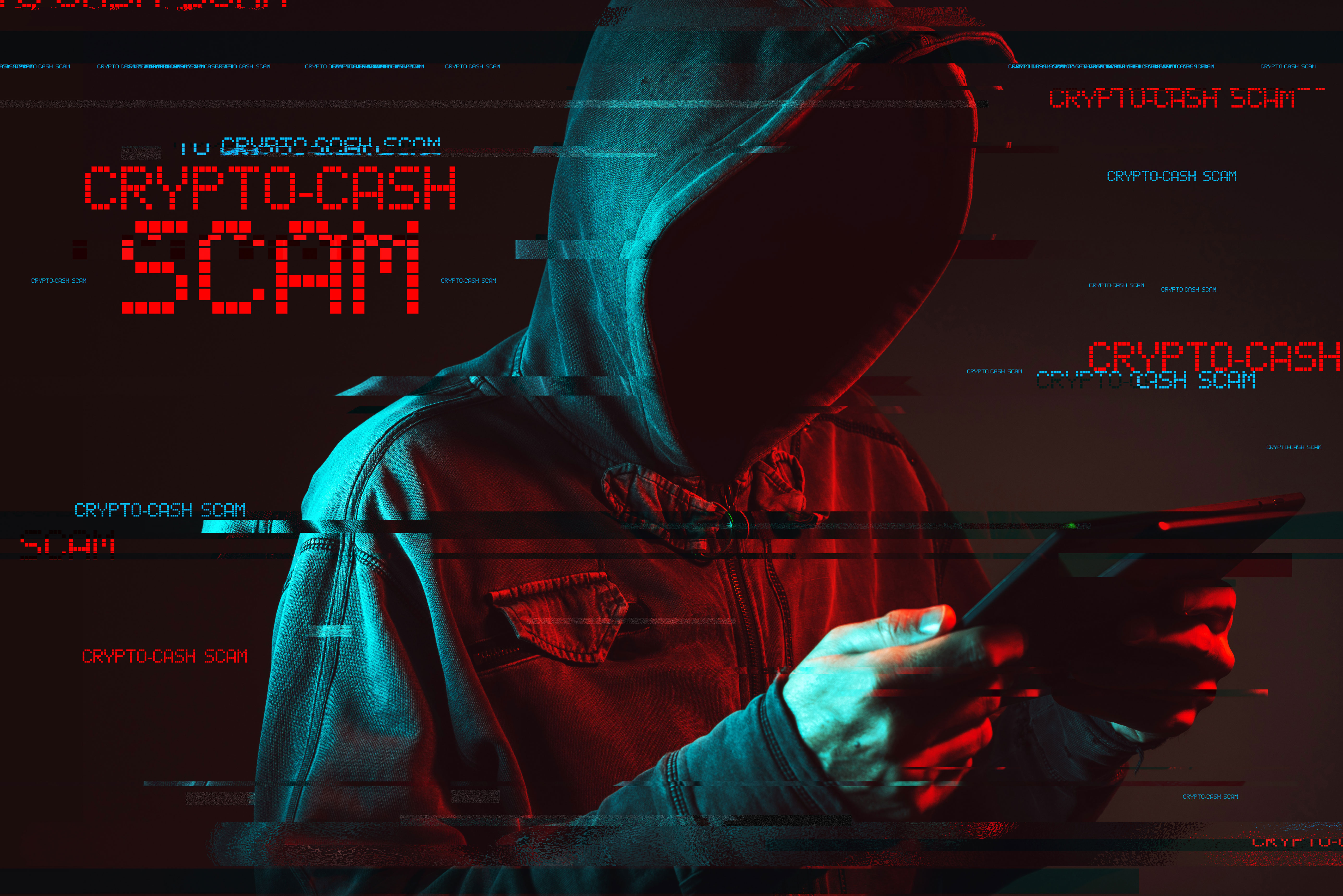 Schriftzug Crypto Cash Scam und Mann mit Kapuze und Tablet